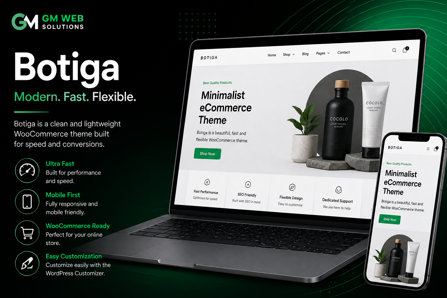 Botiga WordPress theme with a modern WooCommerce website design on laptop and mobile