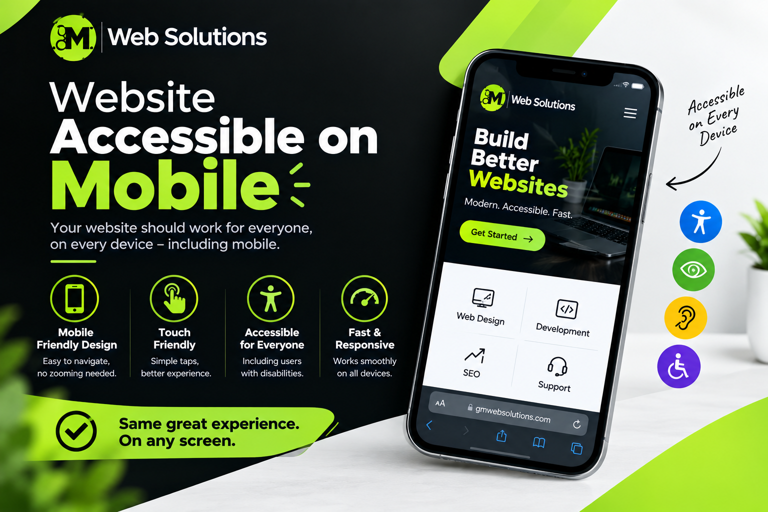 GM Web Solutions banner showing a mobile-friendly website on a smartphone.