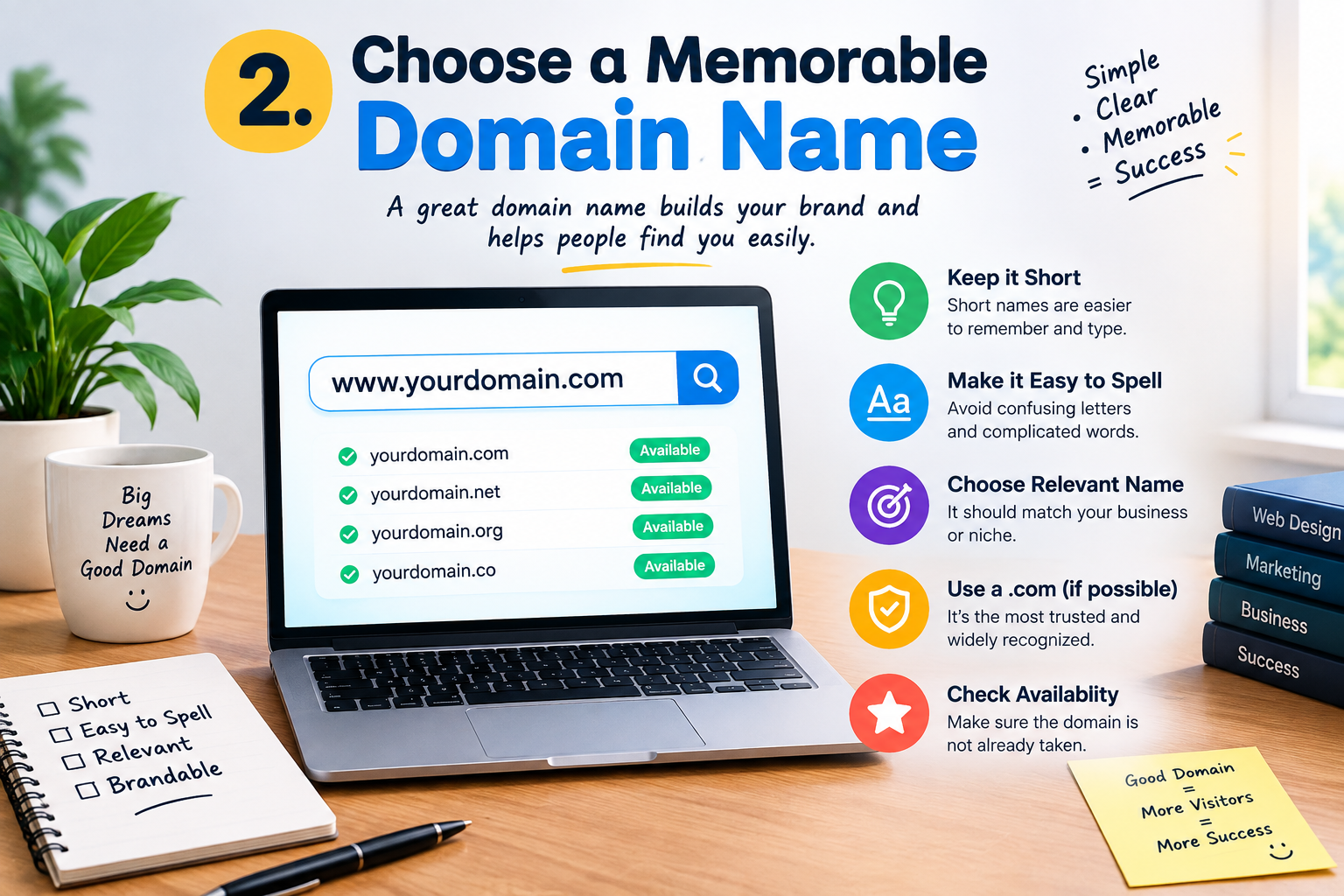Choose a memorable domain name for your website.