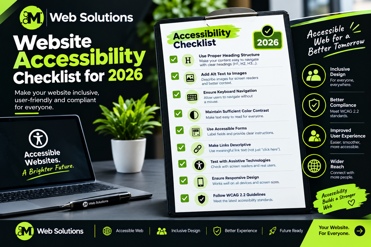 GM Web Solutions infographic showing a 2026 website accessibility checklist.